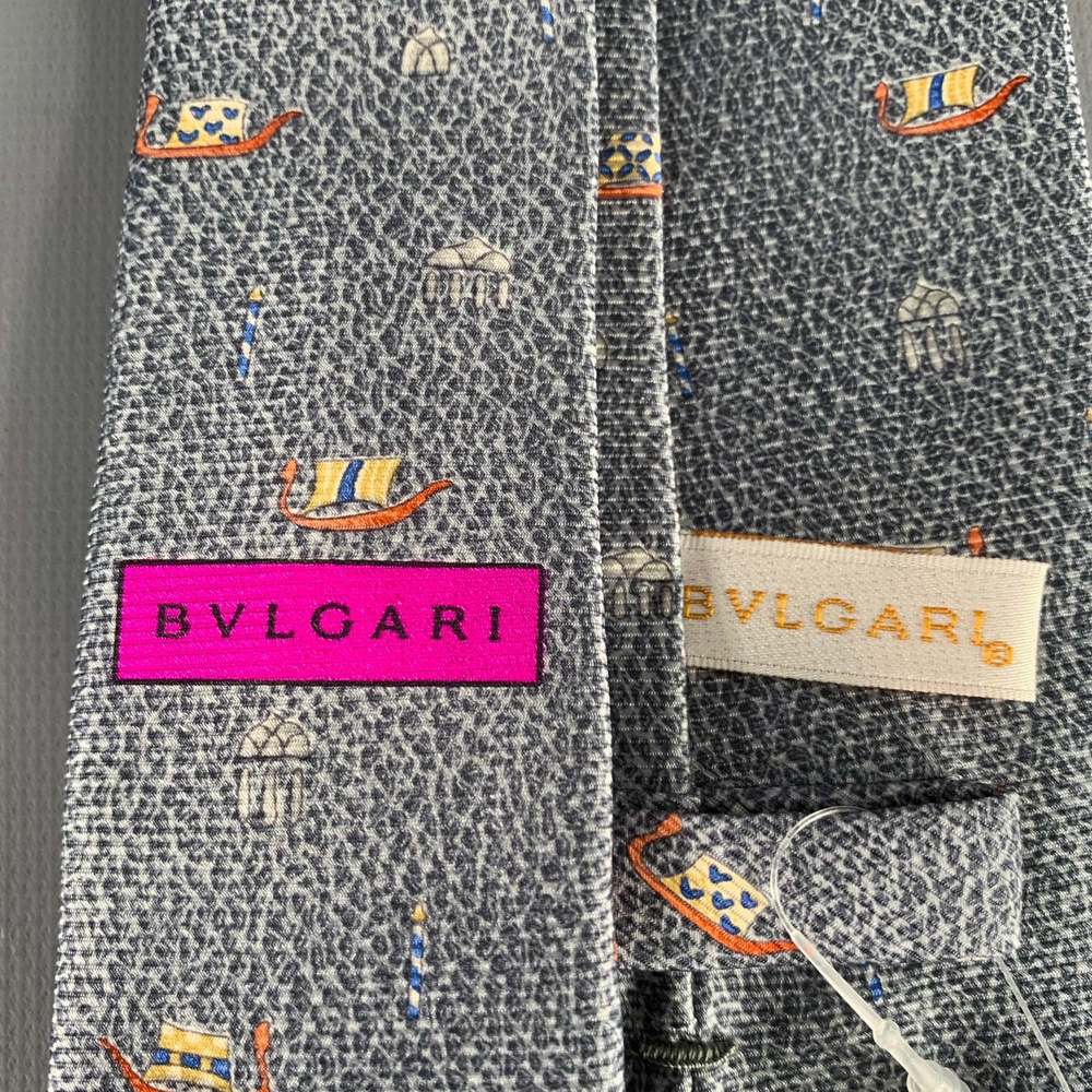 BULGARI Blue Orange White Seascape Silk Tie - Picture 4 of 5